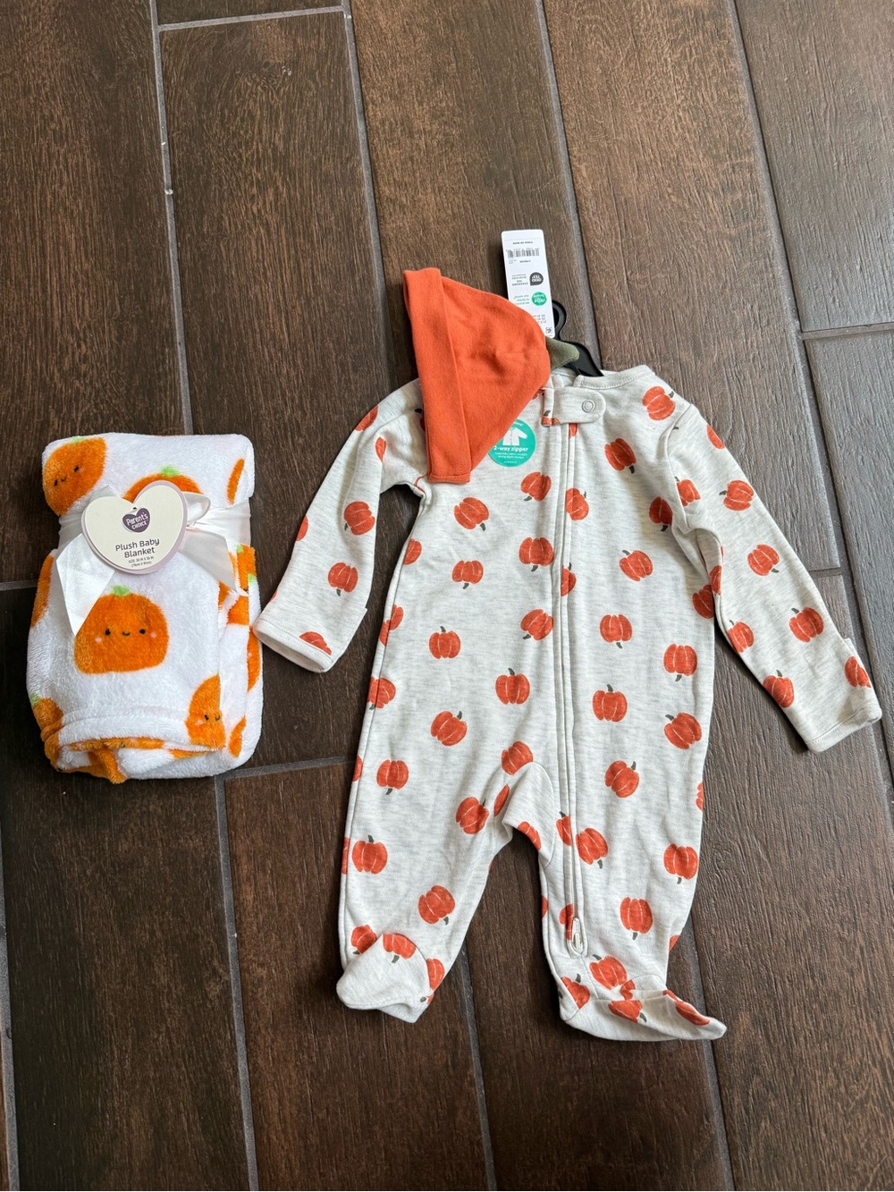 Carters Pumpkin Print One-Piece with Hat and Parent Choice Pumpkin Blanket